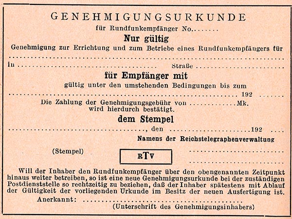 Vorderseite der von der R.T.V. ausgestellten Genehmigungsurkunde f&uuml;r Amateurempf&auml;nger